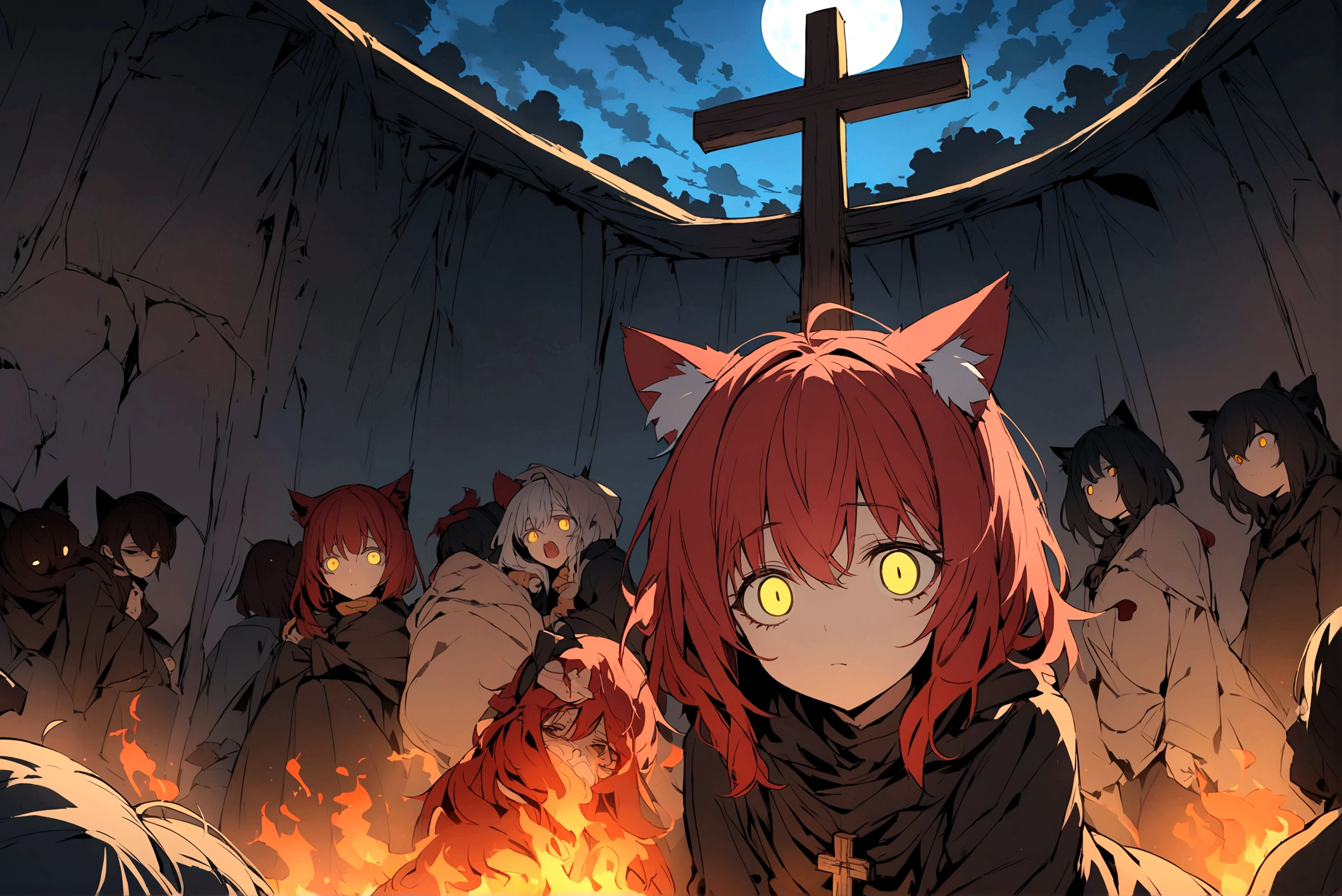 Red-haired girl, Yellow eyes, cat ears, cold and dead eyes, in the middle of a village whose residents are hanging on a cross, with fire beneath them, and heads thrown on the ground, a blue moon covered by clouds. 