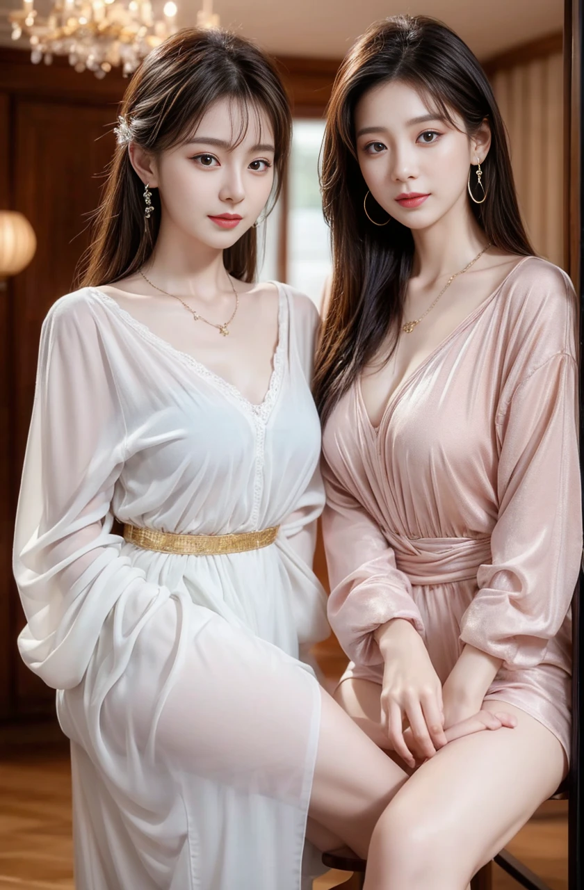 practicalphotography,22 years old,portrait,full Body,Korean,(Mature:1.3),2 girl,beautiful girl,arrogant,Sitting in a large classroom chair,(necklace、earrings、bracelet:1.1),(Environmental details:1.3),(Original image、CG Unity、photography、Ultra-practical details、Clear focus、Delicate skin、4K、high resolution、masterpiece、Best quality、practical、Energetic:1.2),(8K、4K、Ultra-high quality、high resolution、major、ish、dramatic),Detailed home background
