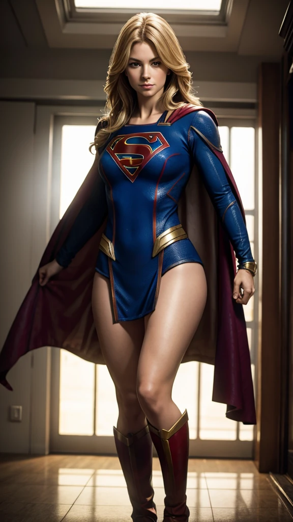 The character Supergirl, extremely realistic costume, extremely realistic anatomy, shy smile, beautiful woman