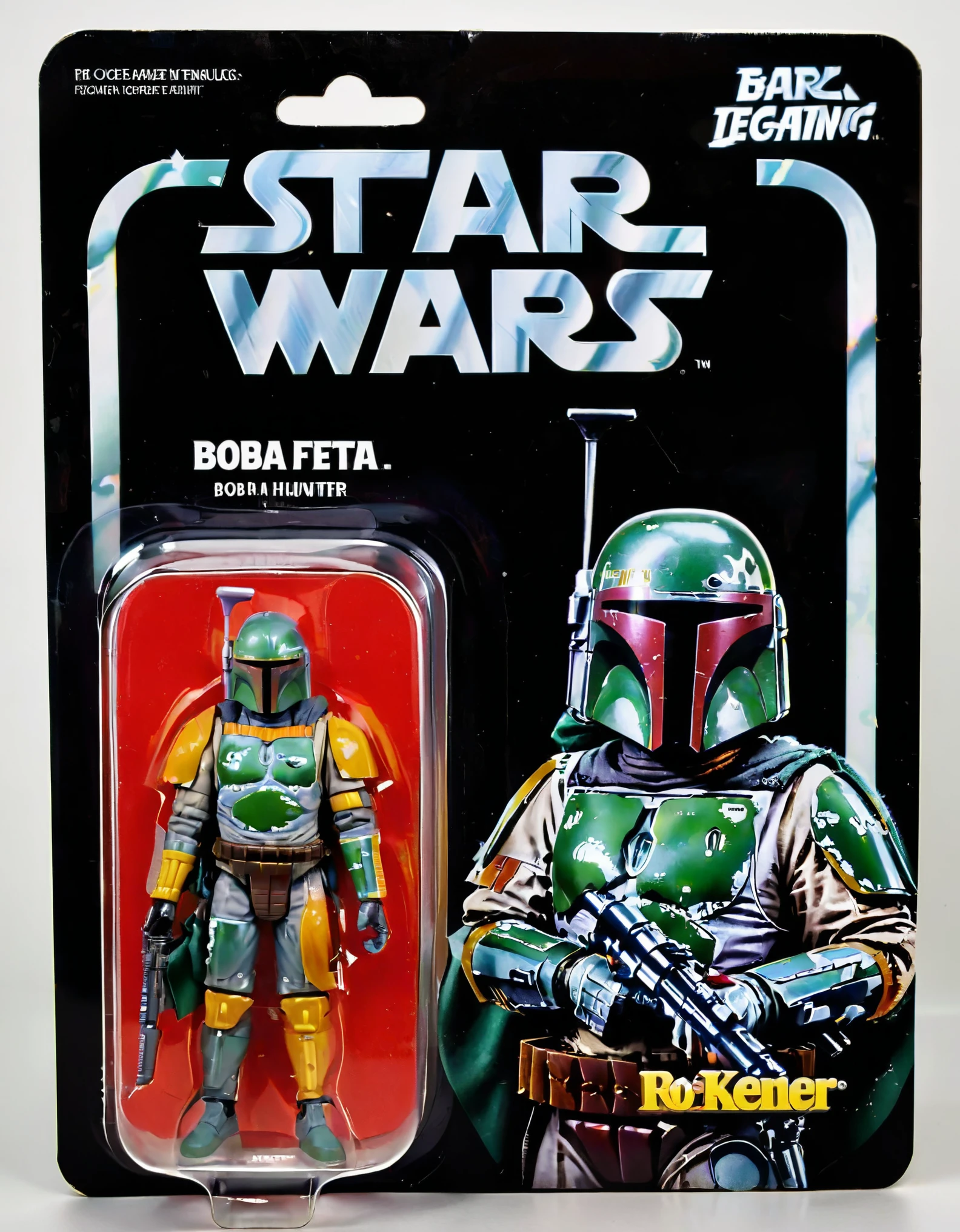 A lifelike figurine resembling the well-known Bounty hunter of star wars, Boba Fett, stands prominently displayed. The figurine captures his iconic exaggerated features with striking realism, including his metalic full body machine and gun Alongside it, the packaging showcases a cartoon illustration of Boba Fett, adding a playful contrast to the realism of the figure. The monotone yet menacing packaging is a juxtaposition to the character. The name ('Boba Fett':1.5) is printed in bold, eye-catching letters on the packaging, highlighting his renowned identity,