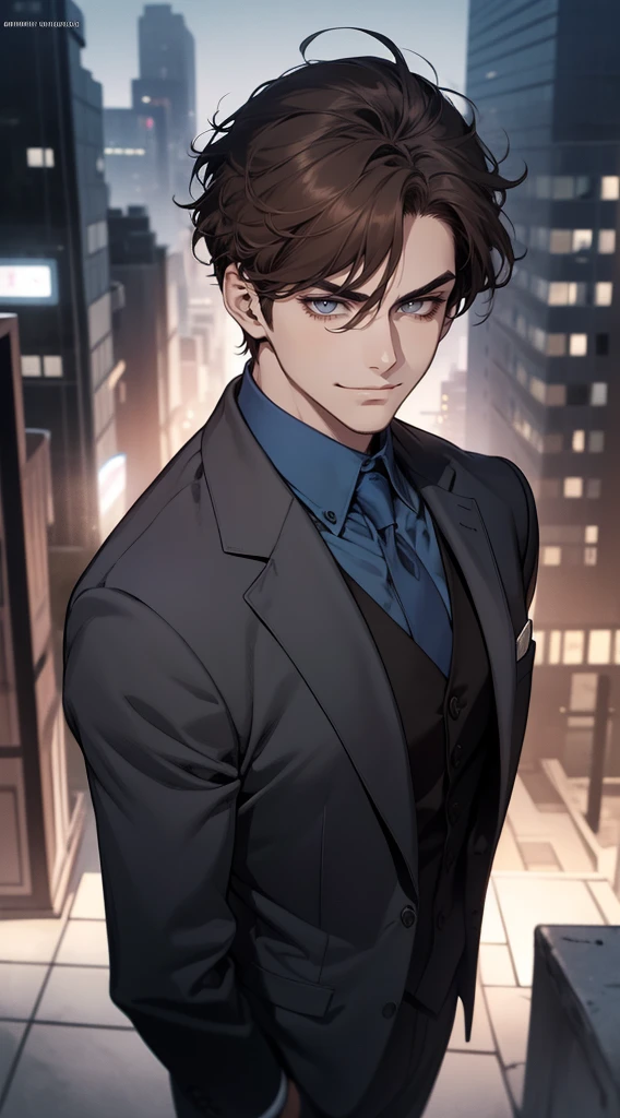 masutepiece, Best Quality, Realistic, 1man, matured male, Quiet and charming young man, 25 years old, closing eye, Serious look, extra detailed face, ((dark grey eyes)), ((Short right sweep dark brown hair)), [Thick eyebrows], detective, city, ((Blue color suit)), Cinematic lighting, gaze at the audience, Postural dynamics, Smirk