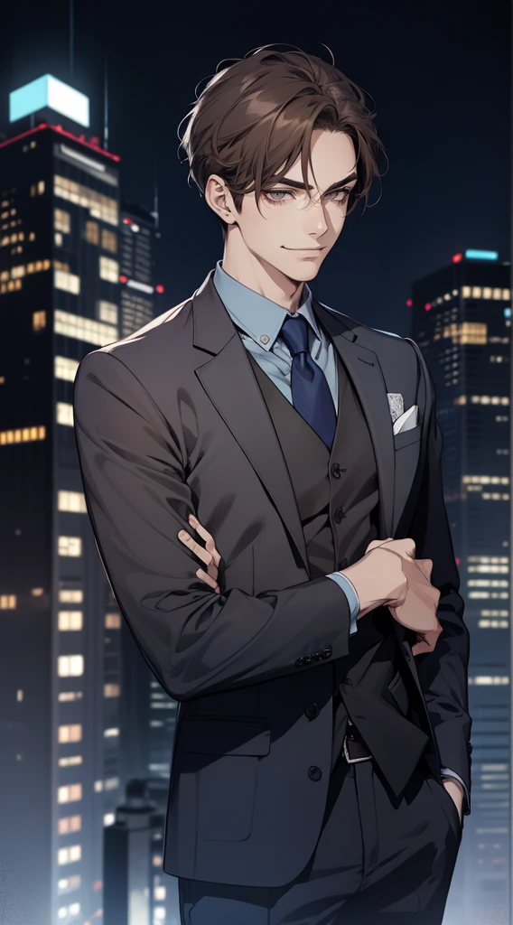 masutepiece, Best Quality, Realistic, 1man, matured male, Quiet and charming young man, 25 years old, closing eye, Serious look, extra detailed face, ((dark grey eyes)), ((Short right sweep dark brown hair)), [Thick eyebrows], detective, city, ((Blue color suit)), Cinematic lighting, gaze at the audience, Postural dynamics, Smirk