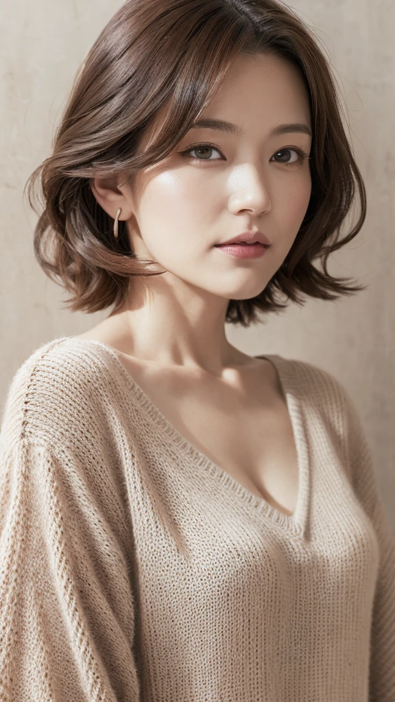 masutepiece, Best Quality, Photorealsitic, finely detail, hight resolution, 8K Painting Wall, Perfect dynamic composition, Beautiful detailed eyes, Chubby adult woman in light V-neck knit, bobhair, Look at viewers