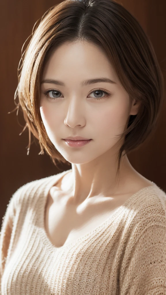masutepiece, Best Quality, Photorealsitic, finely detail, hight resolution, 8K Painting Wall, Perfect dynamic composition, Beautiful detailed eyes, Chubby adult woman in light V-neck knit, bobhair, Look at viewers