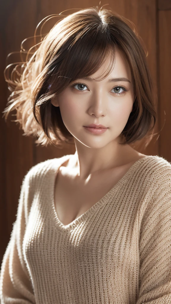 masutepiece, Best Quality, Photorealsitic, finely detail, hight resolution, 8K Painting Wall, Perfect dynamic composition, Beautiful detailed eyes, Chubby adult woman in light V-neck knit, bobhair, Look at viewers