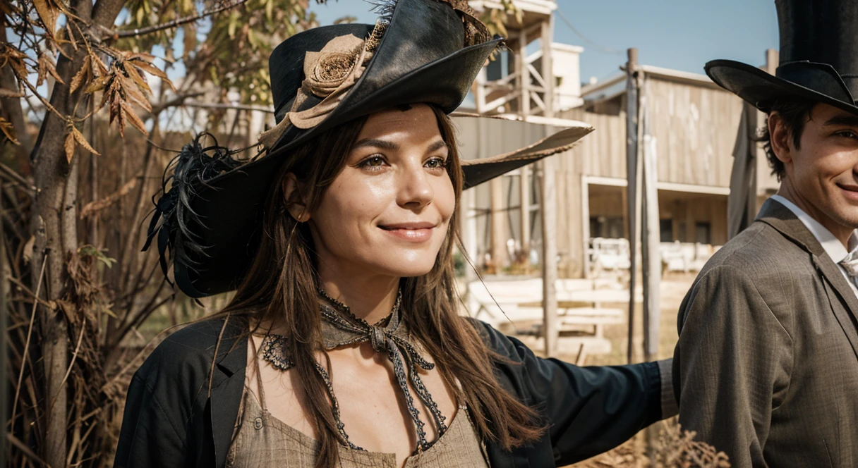 Make a scarecrow with a suit and top hat, looking to the side smiling, realistic, detailed, correct lighting, behind a person