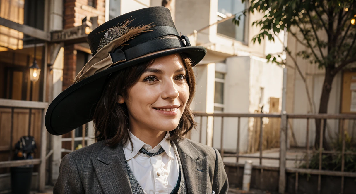 Make a scarecrow with a suit and top hat, looking to the side smiling, realistic, detailed, correct lighting, behind a person