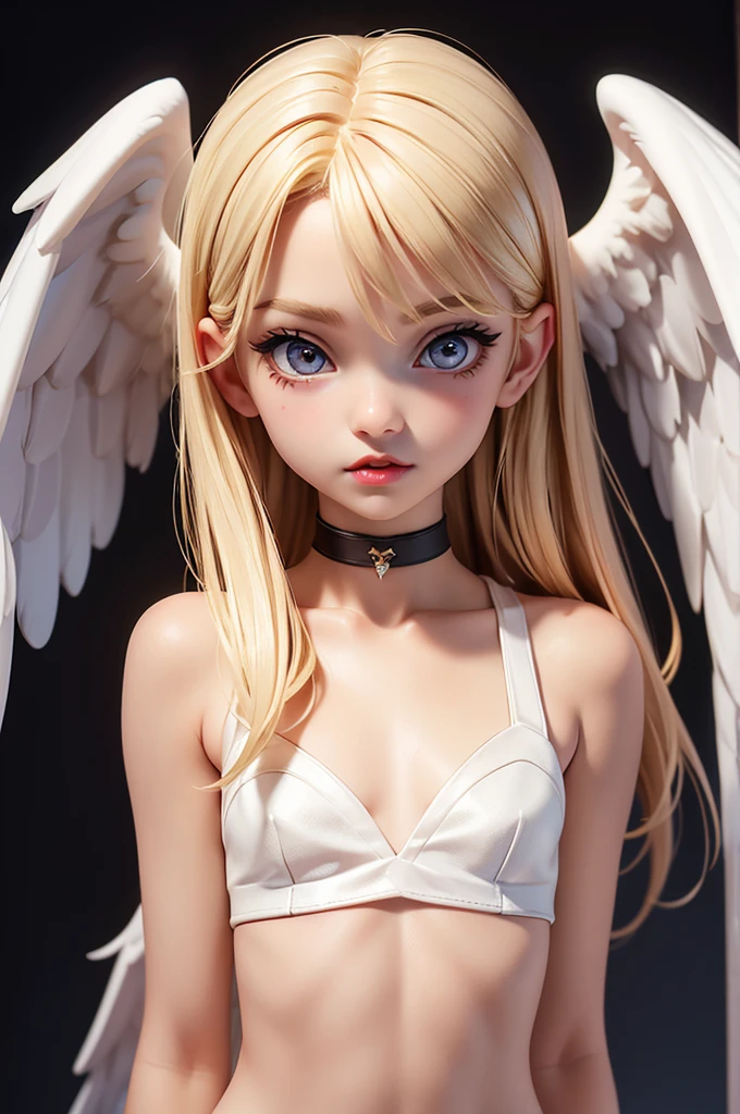 hyperrealistic  angel teen, blonderfect tiny body, sexy, dark makeup, small choker, perfect slim face, big red lips, very cute face, tiny body, big eyes, young looking, childish looking, angel wings on her back, angelic aura, full body