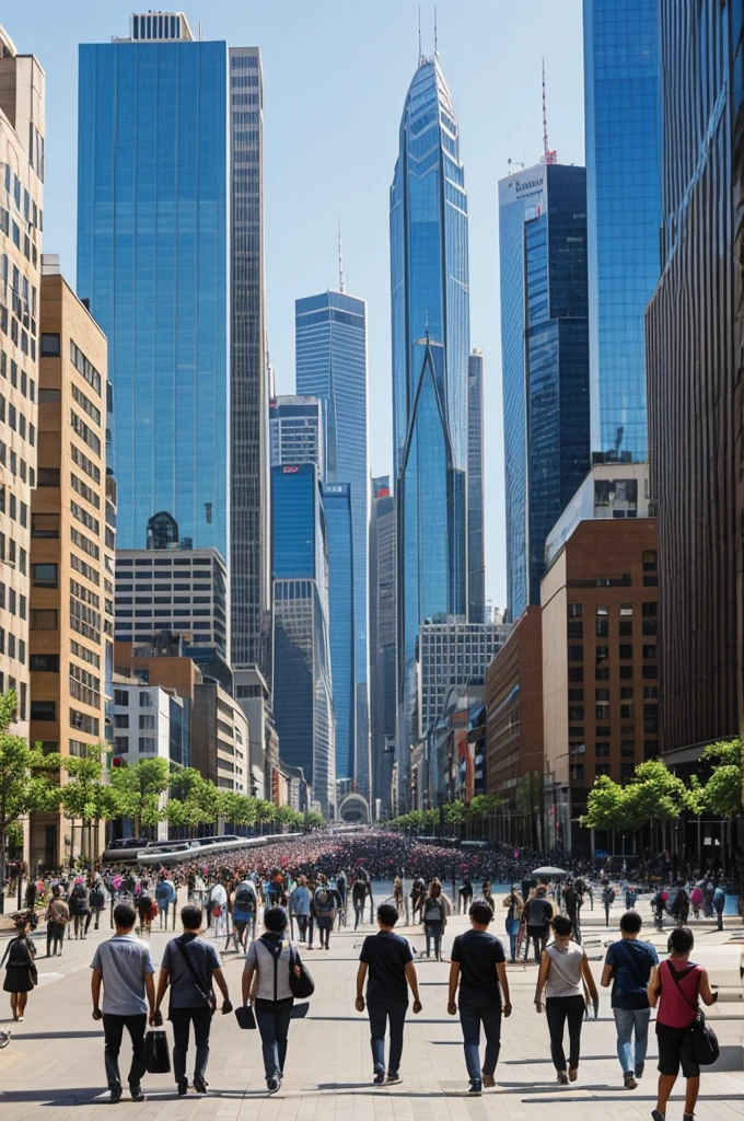 A modern bustling city with people using mobile phones and electronic devices.