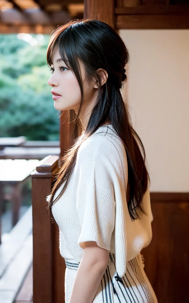 (nsfw),
(No sideburns),
(brown bob short bangs hair), (bob medium length hair),
(put your hair up:0.2),
(Gorgeous, voluminous cabaret club girl hairstyle),
(brown Princess bangs), (brown hair), (bob medium length hair), (middle_length waved hair), (vertical roll medium length hair), (bangs hair),
((Shaggy princess cut medium length tied at the back waved hair),
put your hair up,
Masterpiece, high quality, High resolution, extremely detailed, cute with glowing white skin, eyelashes and cute dark-brown eyes, Jewelry Accessories Anime, gorgeous background-centered composition,
(Best quality, 32k, photos of cute Japanese women),
(Raw photo: 1.2),
The background is Inside the dimly lit main hall of an Edo-era temple in Japan,
(A veranda overlooking the Kyoto rock garden Japanese garden Dry Landscape),
(White, black and gray interior),
(Dark Background),
(intense shadow:1.3),
cool-lighting,
1girl and 1boy,
detailed face and breast,
17 years old,
tall,
(Big Breasts:1.1),
(Small Floral Print Women's Floral Print Spaghetti Strap Dress、Cottagecore Sundress、Milkmaid Dress、Summer essentials、Vacation mood)
(Changing clothes),
(peek camelto pussy public hair),
(Close-up :1.3),
(from side),