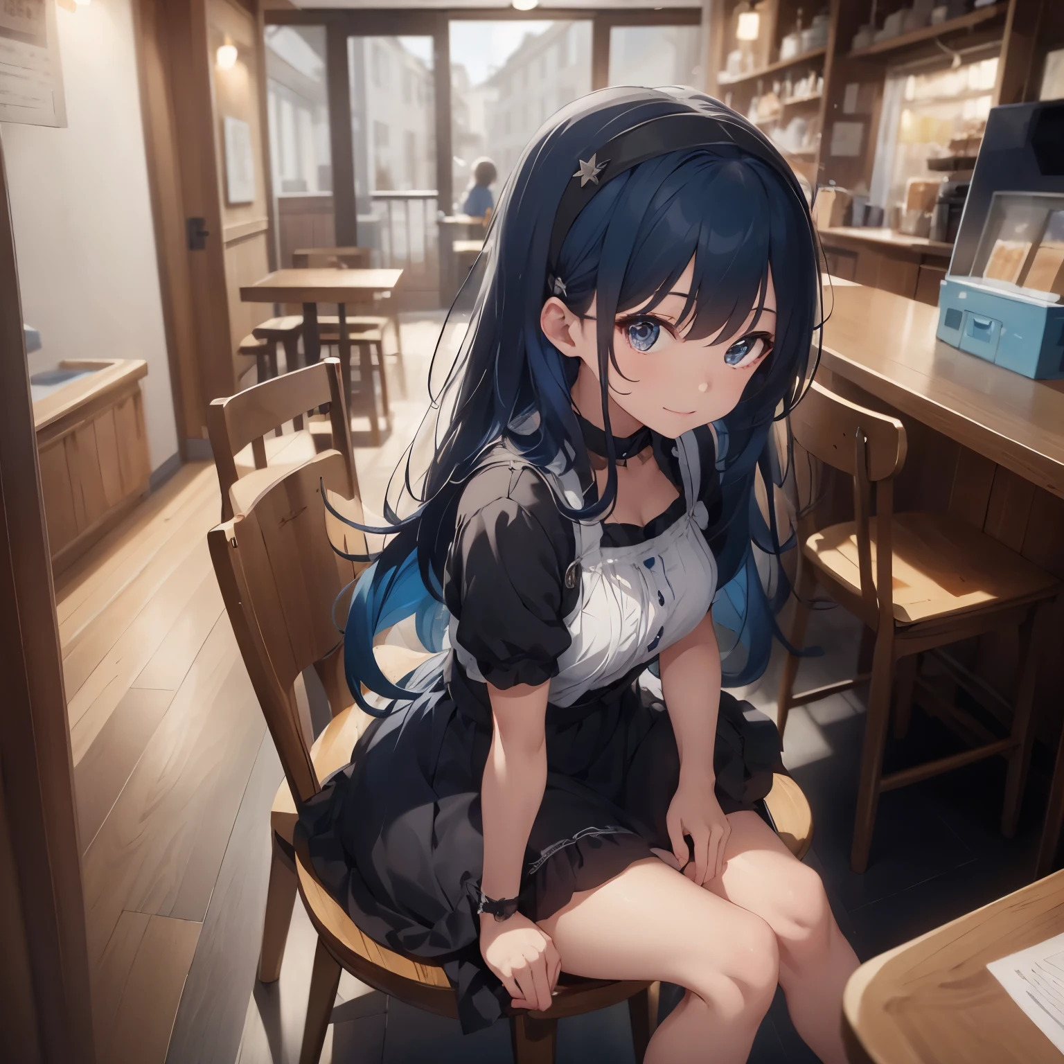 ((Highest quality)), ((masterpiece)), (detailed), Blue Hair, One Girl, Headband, Cafe