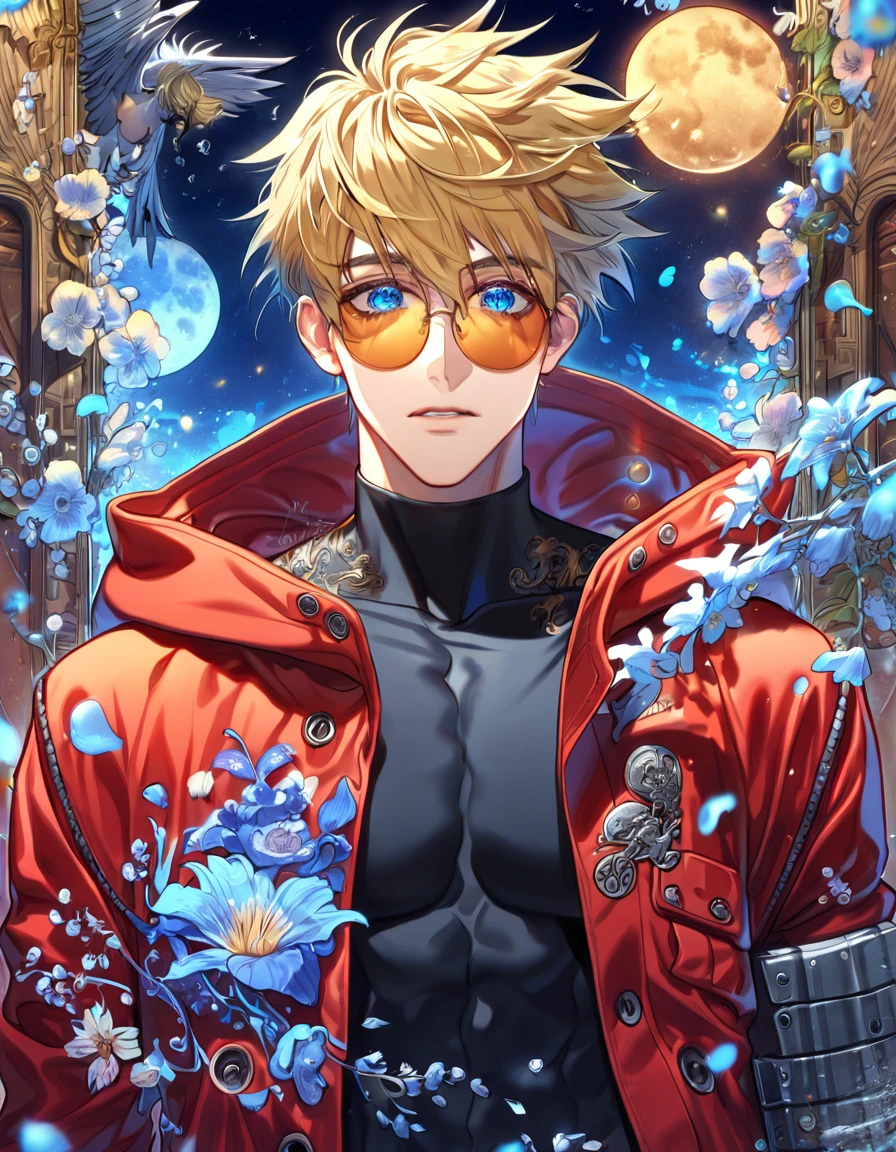 absurdres, highres, ultra detailed, HDR, master piece, Vash Stampede, blond hair, expressive blue eyes, amber round sunglasses, red coat with a hoddie, Trigun, sexy man, handsome, best quality, blue moon, flowers, fantasy, magical, solo, water, blue shining fireflies, black shirt, blue petals, toned chest,