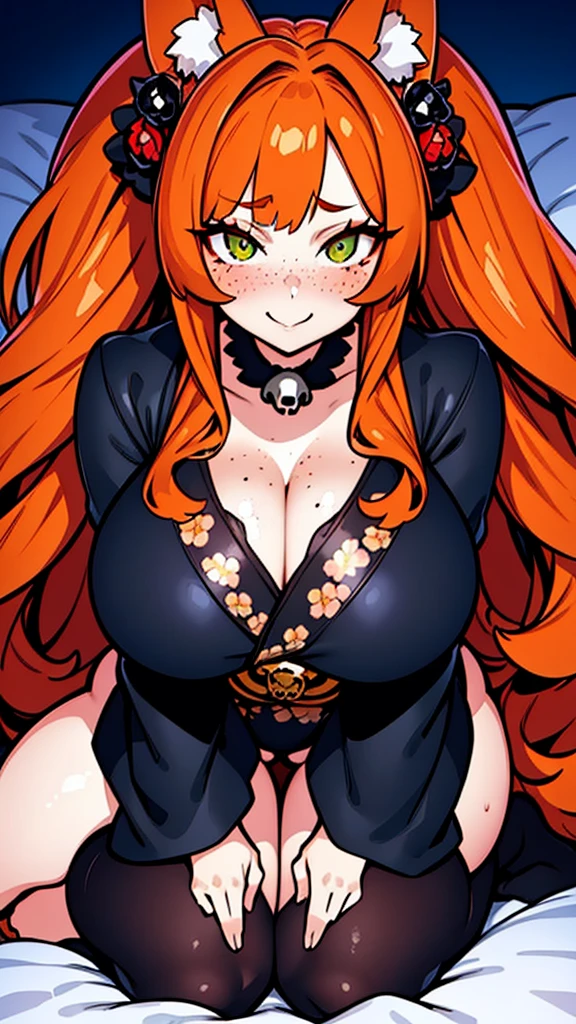 a beautiful and stunning woman with long, wavy orange hair and green eyes, twin volumous ponytails, wearing a black kimono with a red floral print , orange fox ears, lying on the bed with a shy smile, red cheeks and light freckle marks only on her face, defined silhouette, huge breasts, thick thighs, earrings of skulls, dark environment, dark colors, pastel tone, cold palette, sharpness, attention to detail, richness of details, cute aesthetics, cherry blossoms decorating the hair