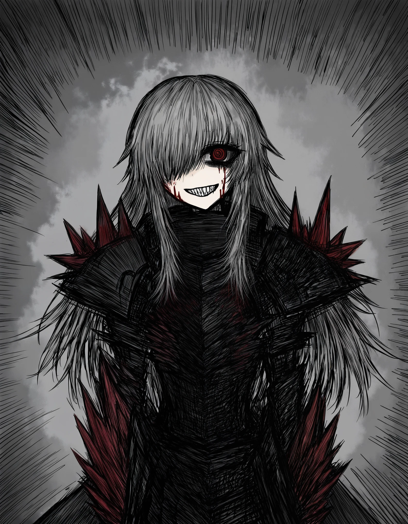 black souls style, girl,grey hair,armor,closed one eye,big chest,glowing red eye,crazy smile,bloody