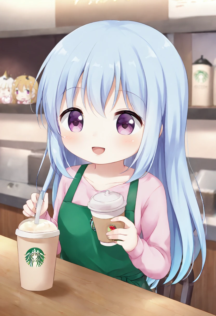 アニメのちびキャラ drinking starbucks coffee with a straw in her hand, A lively Starbucks interior、Light blue long hair、Twin-tailed anime chibi character、A cute anime chibi character with a bright smile, (Anime Girls), Cute girl anime visuals, Mysterious Coffee Shop Girl, young Anime Girls, Beautiful anime art style, Anime illustration, beautiful Anime Girls, Drink strawberry iced latte