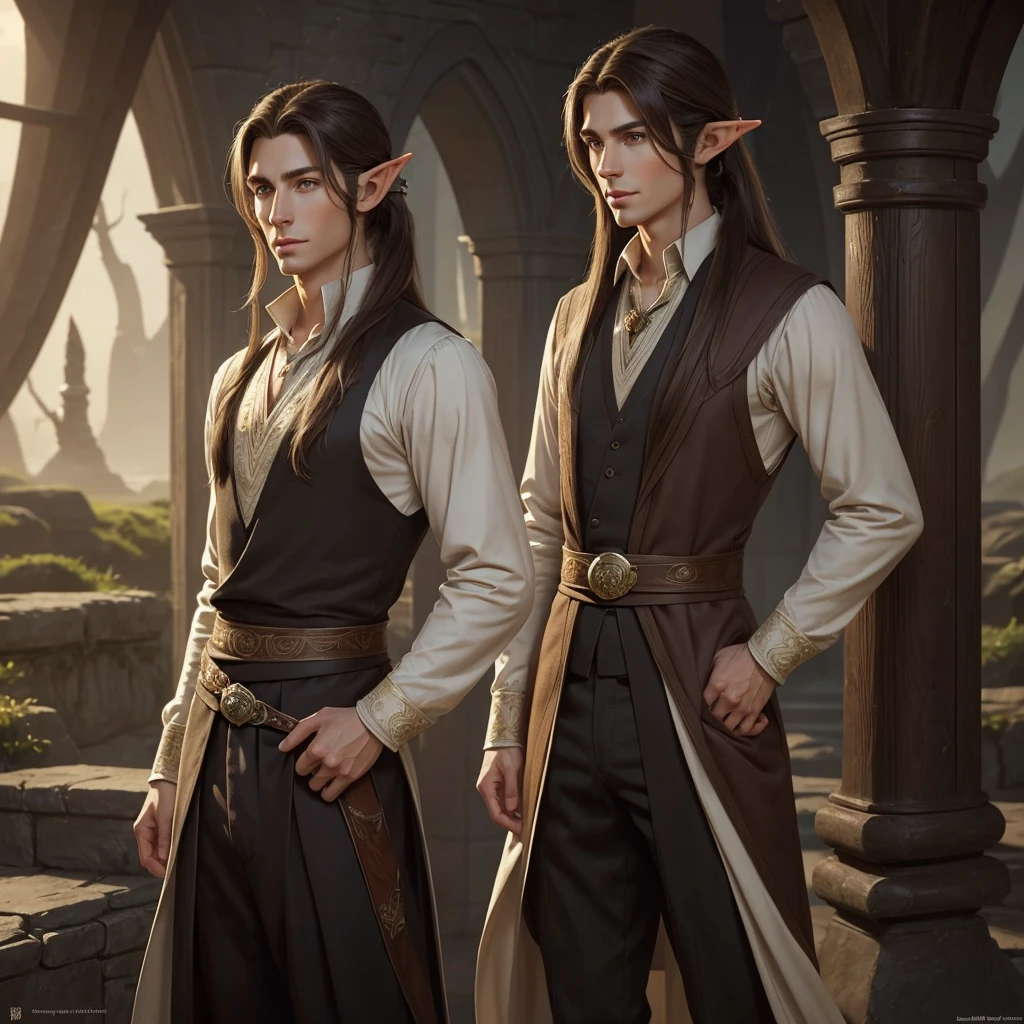an elegant and personable half-elf, with a refined posture and delicate elven features inherited from his mother. His hair is long and brown, usually tied in a ponytail, and his eyes are a deep brown. He wears sophisticated clothes and always carries an air of mystery and knowledge. (digital art, fantasy art, RPG art)