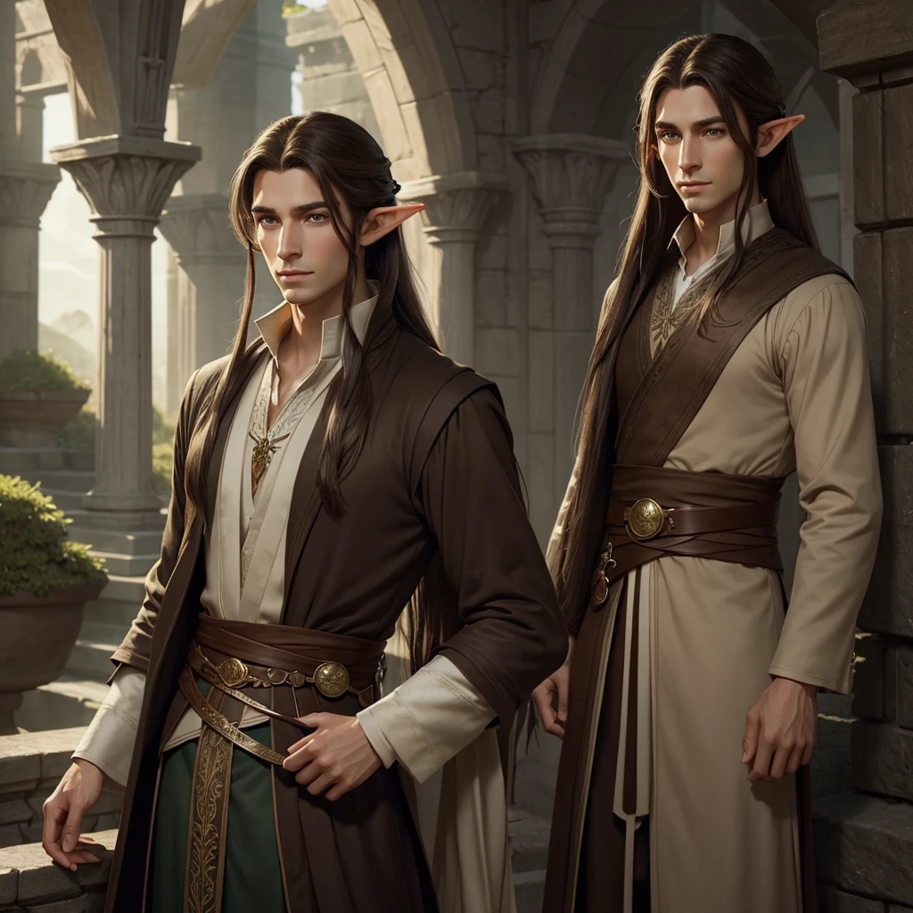 an elegant and personable half-elf, with a refined posture and delicate elven features inherited from his mother. His hair is long and brown, usually tied in a ponytail, and his eyes are a deep brown. He wears sophisticated clothes and always carries an air of mystery and knowledge. (digital art, fantasy art, RPG art)