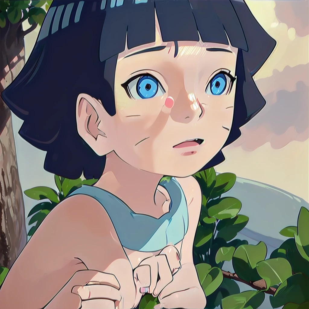 *** Himawari nude, standing straight, in a forest, hands behind back, looking at viewer, embarrassed, (((frontal nude view))), (((best quality, masterpiece, soft lighting, super detailed, anime accurate  Himawari)))