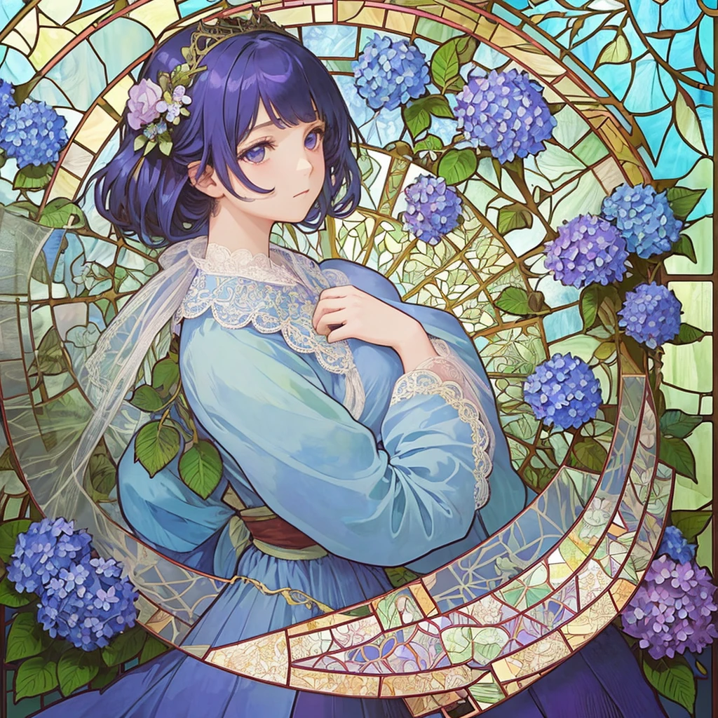 (((1 girl ))), masterpiece, highest quality, beautifully、aesthetic: 1.2, gem, Quality lace, Detailed frame, Flowers, Hydrangea, leaf, A beautiful girl fits into the frame, (Alphonse Mucha Style), (beautiful stained glass background), light blue purple colorful hair, dreamy, looking back