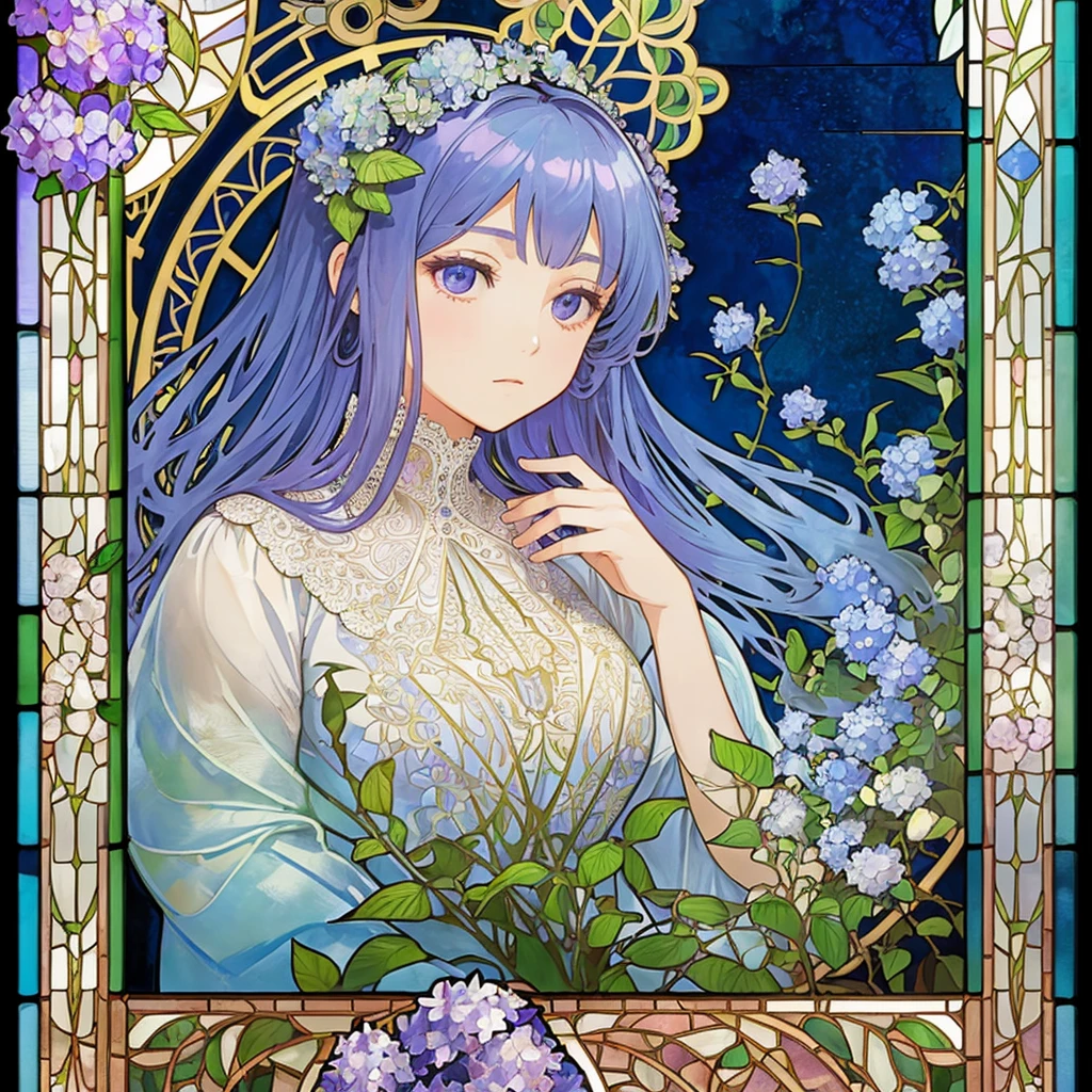 (((1 girl ))), masterpiece, highest quality, beautifully、aesthetic: 1.2, gem, Quality lace, Detailed frame, Flowers, Hydrangea, leaf, A beautiful girl fits into the frame, (Alphonse Mucha Style), (beautiful stained glass background), light blue purple colorful hair, dreamy, looking back