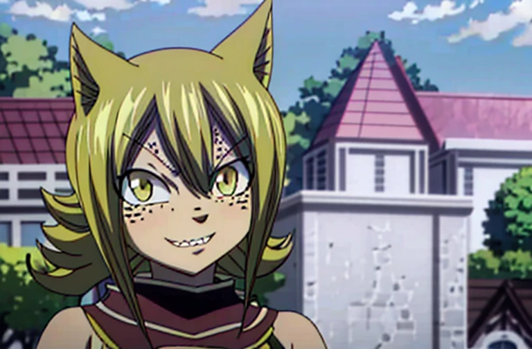 masterpiece, best quality, UHD, ultra high quality, sketch, 1girl, solo, sharp focus, , (very young:1), looking at viewer, depth of field, (Fairy Tail style:1.25), brown, curly dark brown hair, medium hair, yellow eyes, mix skin_tone, light tanned colored skin, dark freckles, (cat ears), (soft nervous smile), (anime screencap), pink composition shirt, dark magenta bomber jacket, outdoors background, science fiction social science fiction
