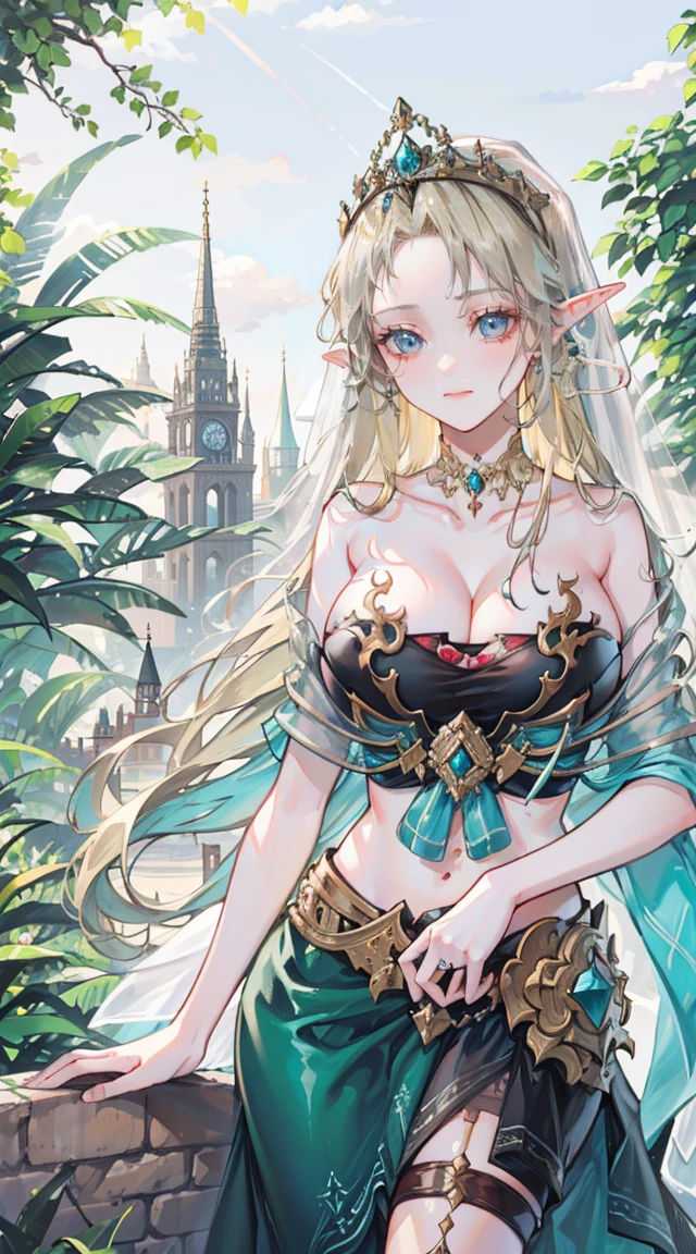 beautiful woman,Folk Girl,blonde with blue eyes,Twist,Wear a strapless wedding dress with no straps.,countryside,countryside,beautiful scenery,European Middle Ages,smile with teeth,forehead,forehead exposed,big tits,rift, (Elf Princess)