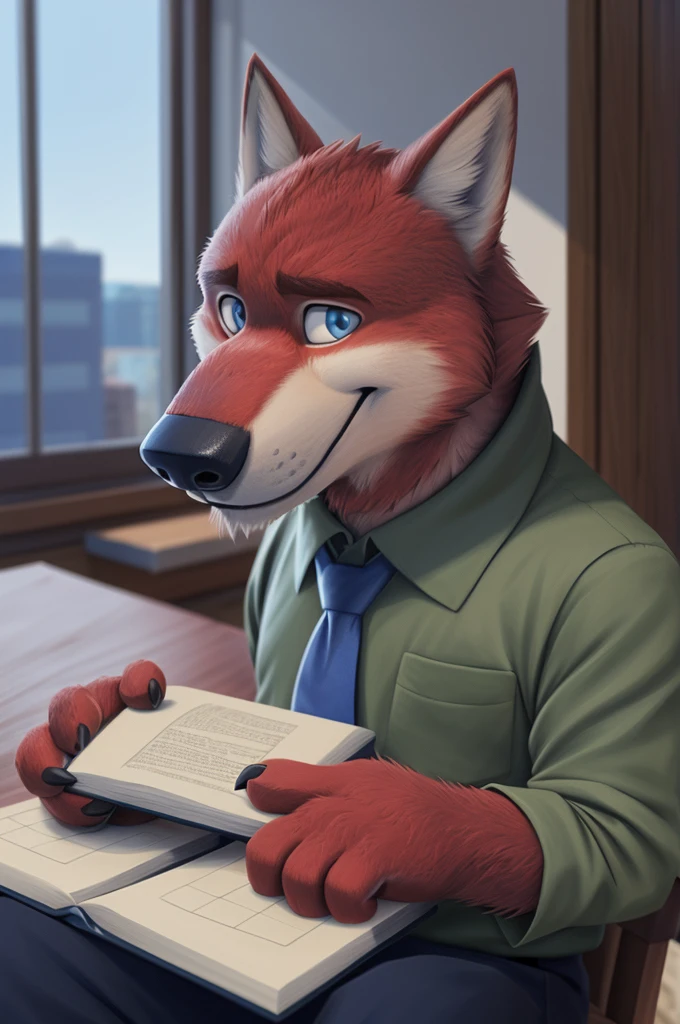 Ivan Fedorovich Wolfbach (Novosibirsk) ,tall handsome, wolf,young, 24 years, brown fur,Kind,(red body:1.3),beautiful blue eyes,Novosibirsk,dressed,green shirt, red tie, blue trousers, , wolf, detailed fur, male,paw pads, finger claws,At the viewer, 5 fingers, paws, 5 fingers, smile, wrist watch, т nextel,by xenoforge, (difficult, high detail, digital photography, soft focus, RAW variety вкдущий передачи,Very close to the camera, variety,Novosibirsk, smile, good mood, positive, Very close to the camera, is sitting, poet of books, is sitting за компьютером столом, apartment, holding a pen, 
Photorealism, realistic, digital style, Subsurface scattering,I look at the viewer,smdit writes a book, a glass of water, handle, paper, 
masterpiece, Best quality, ultra realistic, 8 thousand.)