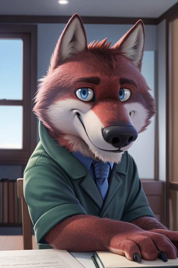 Ivan Fedorovich Wolfbach (Novosibirsk) ,tall handsome, wolf,young, 24 years, brown fur,Kind,(red body:1.3),beautiful blue eyes,Novosibirsk,dressed,green shirt, red tie, blue trousers, , wolf, detailed fur, male,paw pads, finger claws,At the viewer, 5 fingers, paws, 5 fingers, smile, wrist watch, т nextel,by xenoforge, (difficult, high detail, digital photography, soft focus, RAW variety вкдущий передачи,Very close to the camera, variety,Novosibirsk, smile, good mood, positive, Very close to the camera, is sitting, poet of books, is sitting за компьютером столом, apartment, holding a pen,
Photorealism, realistic, digital style, Subsurface scattering,I look at the viewer,smdit writes a book, a glass of water, handle, paper,
masterpiece, Best quality, ultra realistic, 8 thousand.)