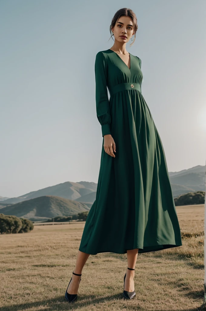 Long elegant emerald green plain fabric dress with long sleeves,  at the tip of the sleeves of the dress a white line and with a white sun on the right side
