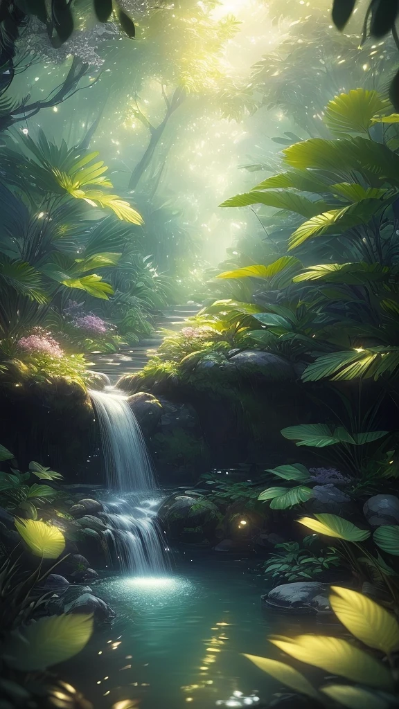 masterpiece, best quality, (Very detailed的 CG 统一 8k 壁纸), (best quality), (Best Illustration Award), (The best shadow), Glowing Elf and Glowing Deer, drinking water in swimming pool, nature元素 in forest theme. Mysterious forest, Beautiful forest, nature, Surrounded by flowers, delicate Leaves and Branches surrounded by firefly (nature元素), (Jungle theme), (Leaves), (Branches), (firefly), (Particle Effects) and other 3D, Octane Rendering, Ray Tracing, Very detailed , Beast--v6