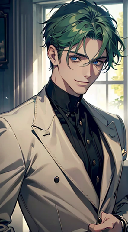 (best quality, masterpiece, 8K, photorealistic, cinematic lighting, 1:4 hdr image, ultra detailed, beautiful image), a mature man, 25 years very handsome, ((cold expression smile in love)), short green hair, blue eyes, face perfect without mistakes, ((buttoning his jacket, CEO)), smile.