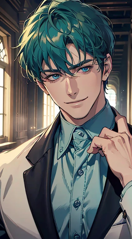 (best quality, masterpiece, 8K, photorealistic, cinematic lighting, 1:4 hdr image, ultra detailed, beautiful image), a mature man, 25 years very handsome, ((cold expression smile in love)), short green hair, blue eyes, face perfect without mistakes, ((buttoning his jacket, CEO)), smile.