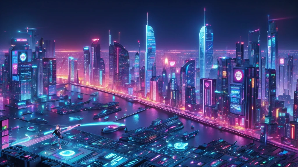 sexy woman, tank top, miniskirt, black sunglasses, pistol shooting pose, standing, leaning forward, aerial view of cyberpunk city at night, hologram neon buildings, half-body thigh level medium shot