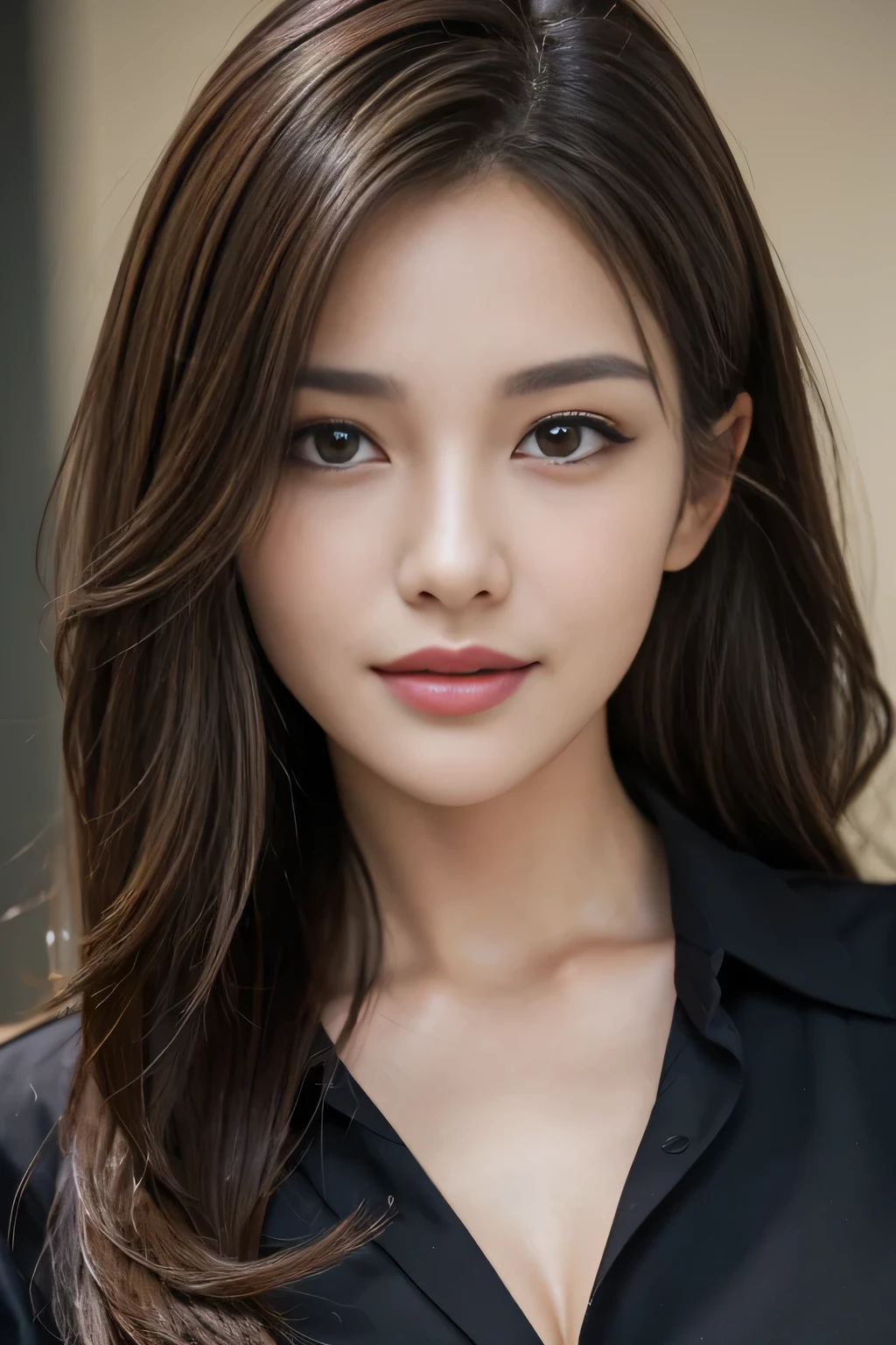 Tabletop, Highest quality, Realistic, Very detailed, finely, High resolution, 8k wallpaper, One beautiful woman,, Light brown messy hair,Wearing a black collared dress shirt, Sharp focus, Perfect dynamic composition, Beautiful and beautiful eyes, Thin Hair, Detailed Realistic skin texture, smile, Close-up portrait, Model Body Type