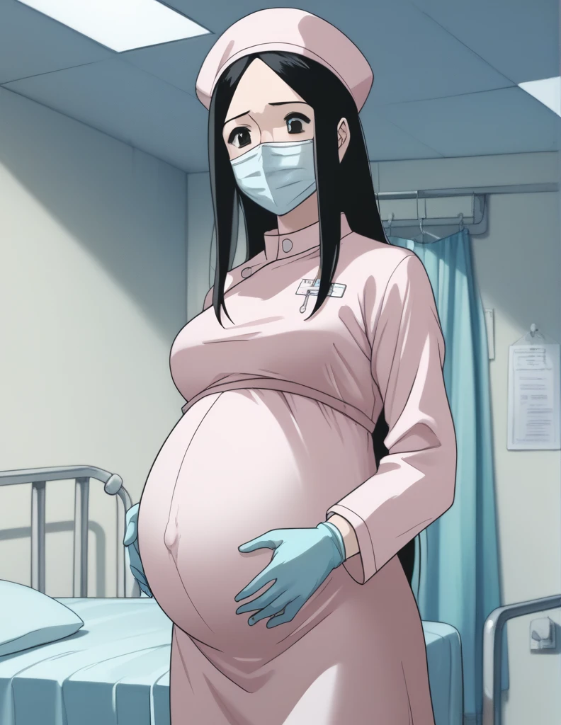 score_9, score_8_up, score_7_up, source_anime, kasuganoray, pale skin, shy eyes, long hair, scrubs, surgical mask, surgical cap, Long sleeve maternity dress, seamless, no seams,
1girl, pregnant, solo, rubber gloves, looking down, furrowed brow, hospital bed, standing