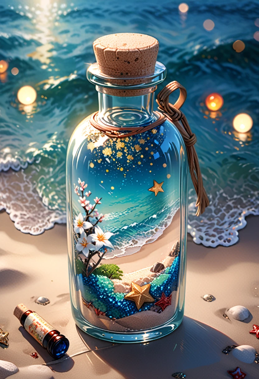 a small glass bottle filled with star sand and sequins, sealed with a cork, japanese seaside souvenir, detailed glass bottle, intricate details, realistic lighting, photorealistic, highly detailed, 8k, masterpiece, studio lighting, bokeh, cool color tones, vibrant colors
