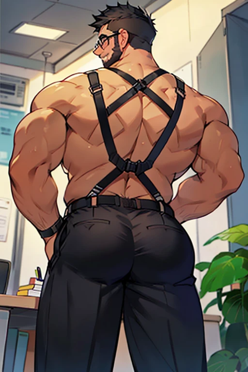 4k, masterpiece, high resolution:1.2, 1 man, solo, bara, muscular, big physique, crew cut hair, facial hair, chest, wide shoulder, biceps, thighs, triceps, butt, black hair, cute smile, friendly, standing in an office, wearing formal trousers, wearing formal stripes pattern office shirt, wearing glasses, upstairs office in the background, ultra detailed, shredded muscle, flat style (((wearing harness))) (((view from the bottom behind him, thick huge ass)))