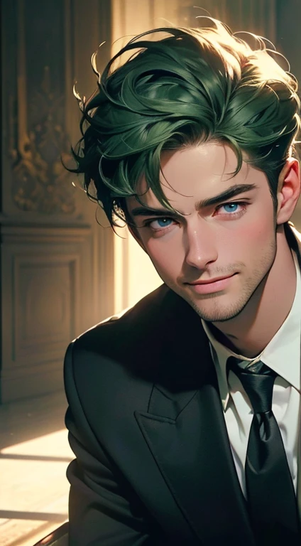 (best quality, masterpiece, 8K, photorealistic, cinematic lighting, 1:4 hdr image, ultra detailed, beautiful image), a mature man, 25 years very handsome, ((cold expression smile in love)), short green hair, blue eyes, face perfect without mistakes, ((buttoning his jacket, CEO)), smile.