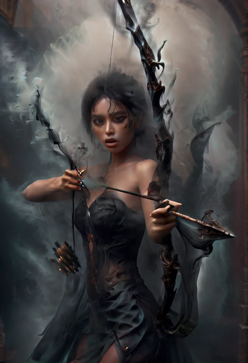 Action shot of beautiful aiming a black bow weapon, (smoke:1.5), bow and arrow, aiming at viewer, girl made up of black smoke, (partially concealed), african woman, nude, very dark skin, smoke on the water, covered by smoke, emerging from the shadows, bright eyes, glimpses, dark theme, foggy glass, cloaked in smoke, naked, sideboob, curves, wrapped in darkness, 8K, HD, amazing quality, HD, masterpiece, best quality, hyper detailed, ultra detailed, smoke in foreground