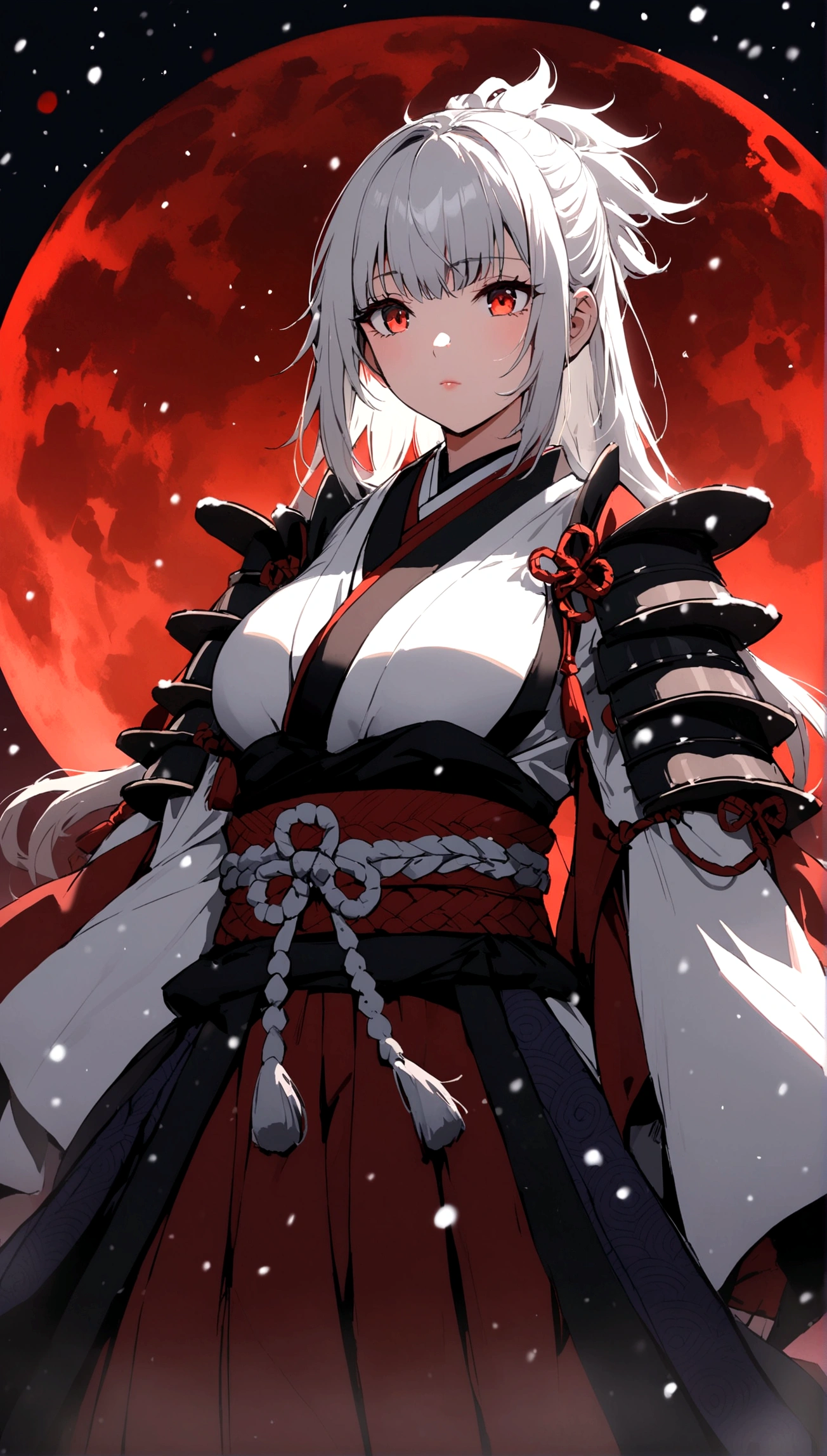 (Silver hair, (Samurai Girl), red moon, snowy background, beautiful breasts