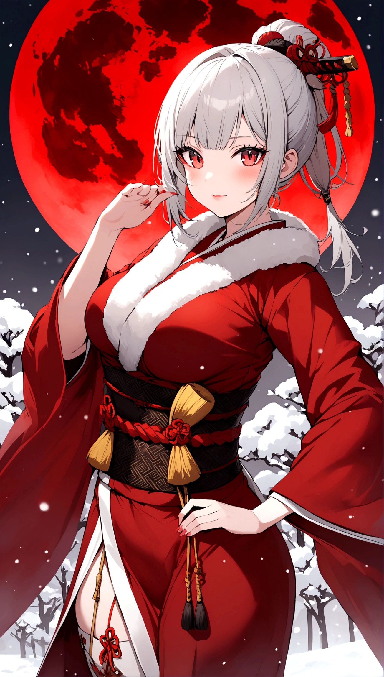 (Silver hair, (Samurai Girl), red moon, snowy background, beautiful breasts