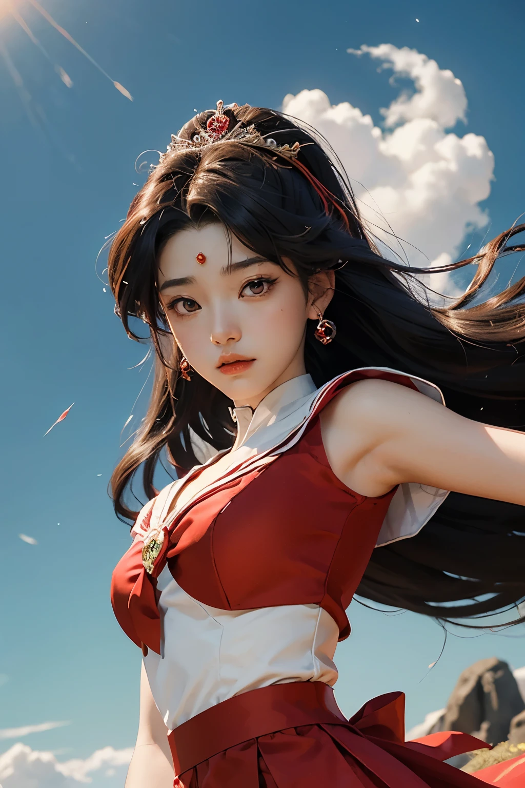 Woman wearing a red dress and a crown on her head, Rei Hino as a princess, anime princess, Korean Art Nouveau Animation, Rumiko, in a animation masterpiece, kimagure orange road, by Rumiko Takahashi, by Sailor Moon, 80s animation ova style, princess of power, animation masterpiece, sailor moon!!!!!!!!
