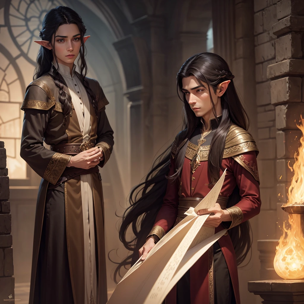 an elegant and personable half-elf, with a refined posture and delicate elven features inherited from his mother. His hair is long and brown, usually tied in a ponytail, and his eyes are a deep brown. He wears sophisticated clothes and always carries an air of mystery and knowledge. (digital art, fantasy art, RPG art)