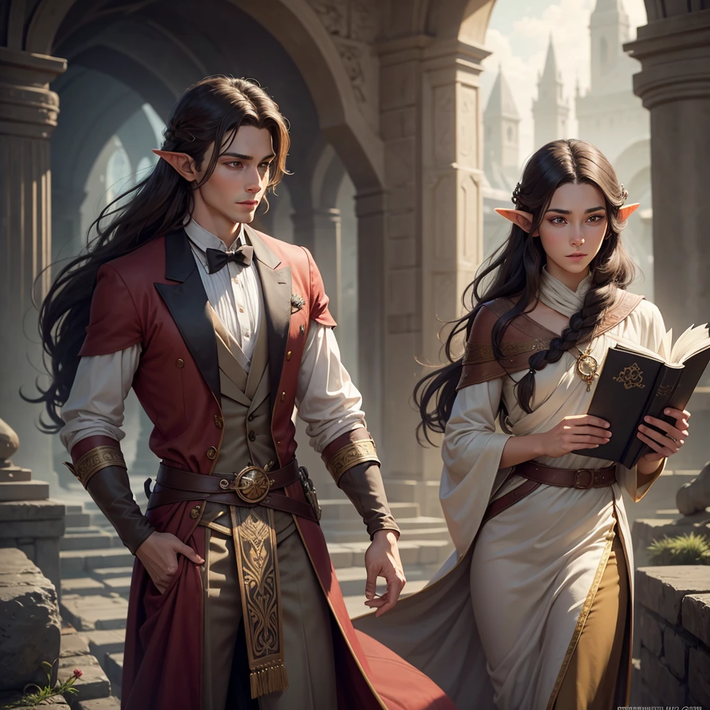 an elegant and personable half-elf, with a refined posture and delicate elven features inherited from his mother. His hair is long and brown, usually tied in a ponytail, and his eyes are a deep brown. He wears sophisticated clothes and always carries an air of mystery and knowledge. (digital art, fantasy art, RPG art)
