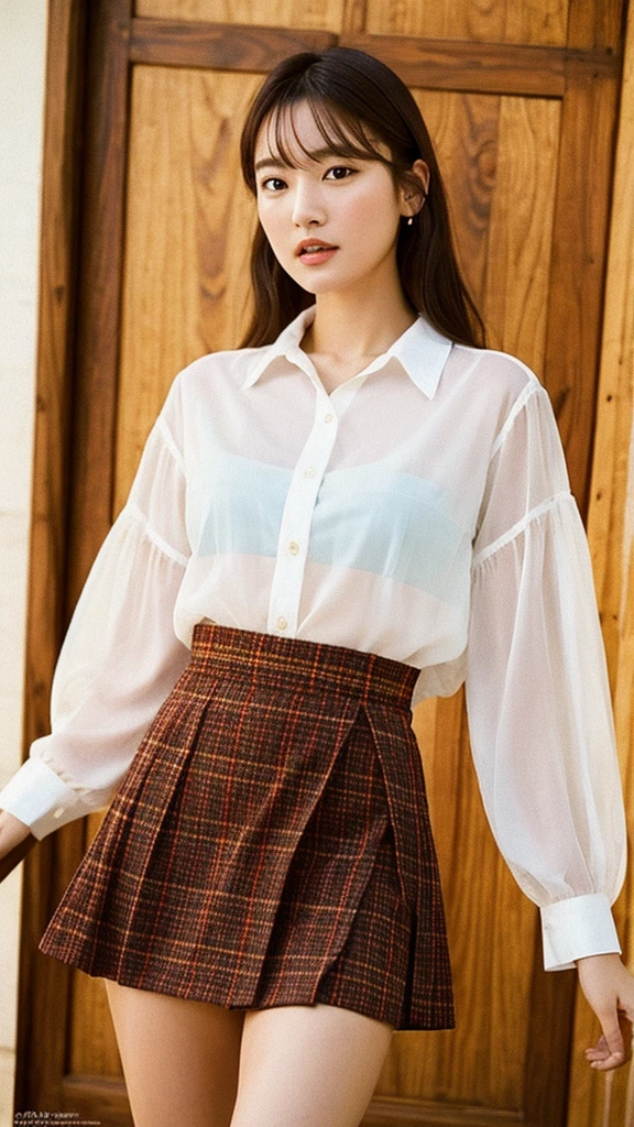 ((Highest quality)), ((8K)), ((masterpiece: 1.3)), (Perfect appearance), (Photorealism: 1.6), (AIF), (Upskirt), (Panties are visible), (View from below), Japanese mature OL, She is wearing a blouse and a mini skirt, Mature woman&#39;s toned physique, Mature woman is taking a leisurely stroll through the bustling streets of Tokyo, Towering buildings overhead, Smoke and clouds swirling around her, Strong sunlight, bright, She is smiling gently with the corners of her mouth raised,