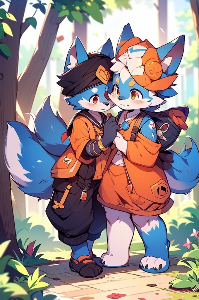 Blue fur, Canine, fox motif, boy, uniform,Tall,Estrus,Cute face,