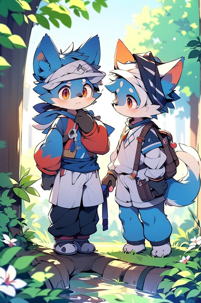 Blue fur, Canine, fox motif, boy, uniform,Tall,Estrus,Cute face,