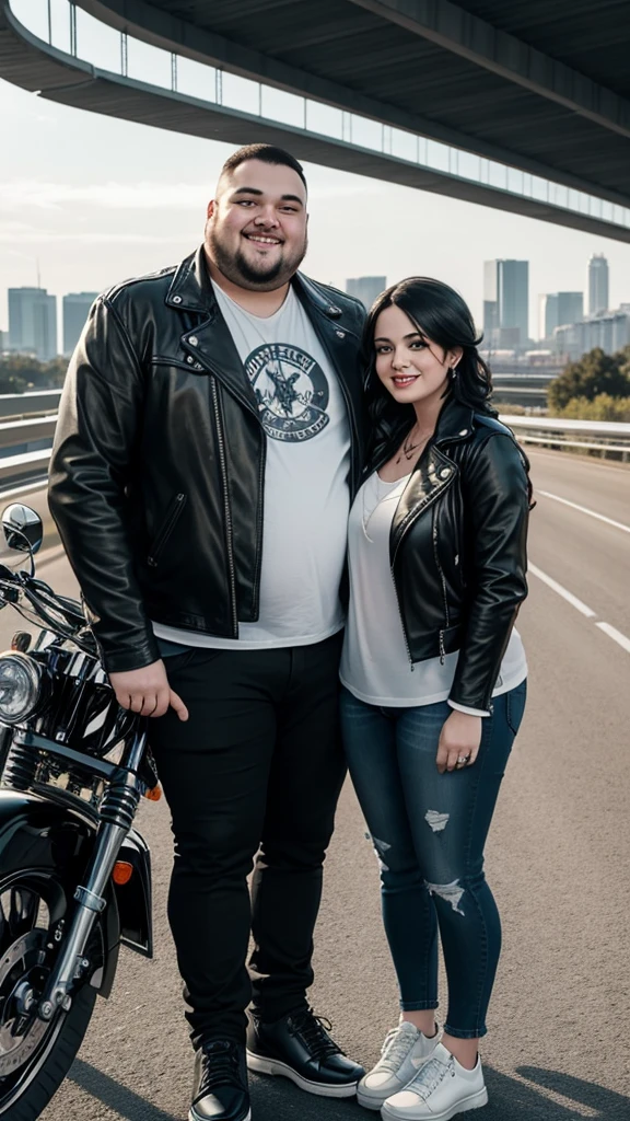 Couple, A chubby man, oval face, wearing Black leather jacket , Wear jeans, wear black shoes, is in a Highway,, with an aesthetic view, clear white lighting, is standing, smiling, Behind him is a Red Harley-Davidson motorbike and Next to him is his wife wearing a red hijab, wearing a black leather jacket, wearing jeans, wearing shoes