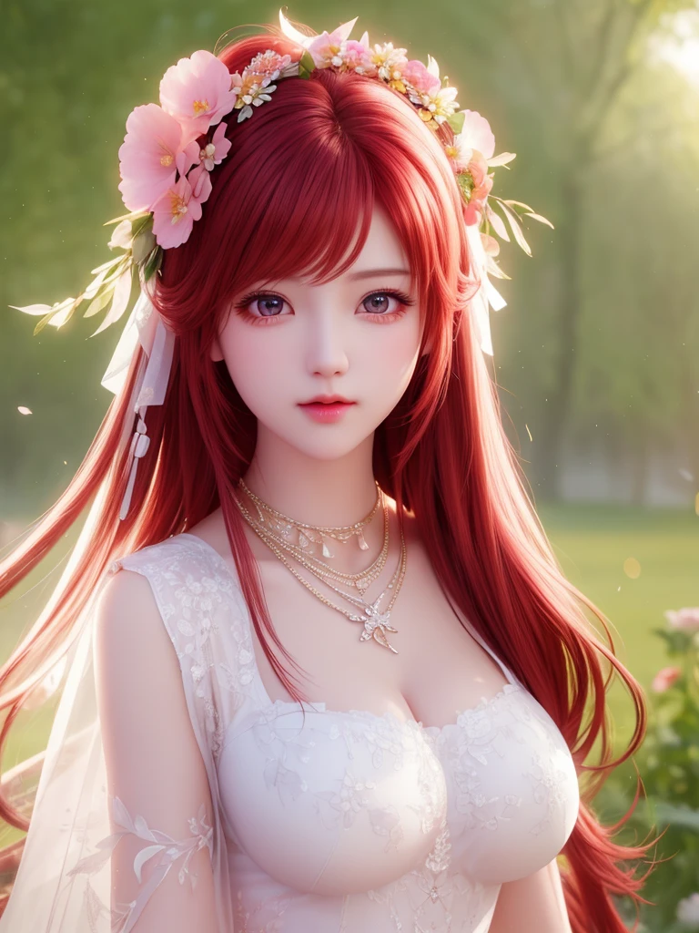 best quality, masterpiece, High target, There is a girl with a basket of flowers on her head, Big breast beauty,Very sexy,beautiful clothes, Hair Decorationss, necklace, Decorations, Pretty Face, When the body, Tyndall effect, Realistic Portraits, Edge lighting, Two-color light, (Very delicate skin:1.2), 8K uhd, Digital SLR Camera, Soft Light, high quality, Volumetric Lighting, Honest, photo, high resolution, 4K, 8K, Bokeh,Big red hair,Pink Eyes.