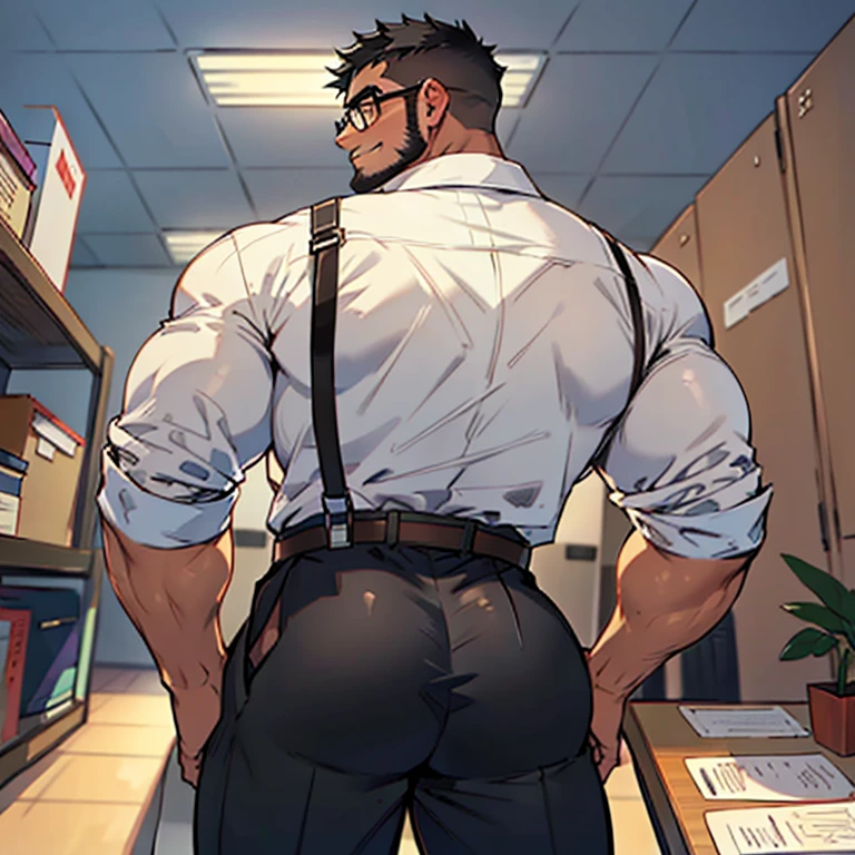 4k, masterpiece, high resolution:1.2, 1 man, solo, bara, muscular, big physique, crew cut hair, facial hair, chest, wide shoulder, biceps, thighs, triceps, butt, black hair, cute smile, friendly, standing in an office, wearing formal trousers, wearing formal stripes pattern office shirt, wearing glasses, upstairs office in the background, ultra detailed, shredded muscle, flat style (((wearing harness))) (((view from the bottom behind him, thick huge ass)))